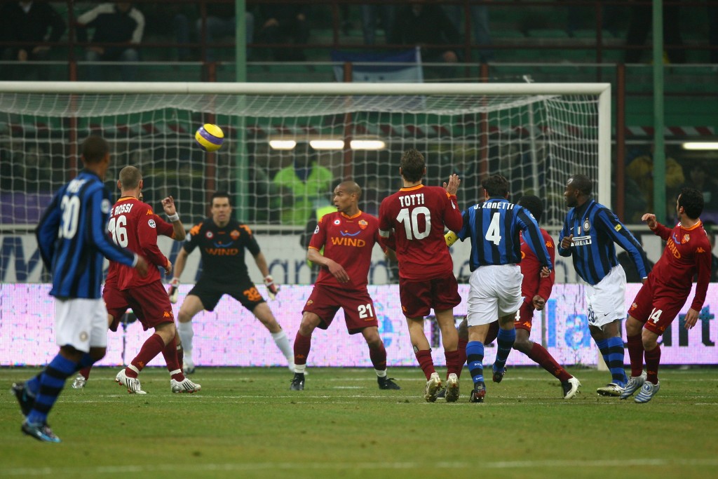 MILAN, ITALY - FEBRUARY 27: Javier Zanetti (3rd right #4) of Inter scores the equalising goal during the Serie A match between Inter Milan and Roma at the San Siro stadium on February 27, 2008 in Milan,Italy. (Photo by Michael Steele/Getty Images)