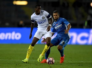 EMPOLI, ITALY - SEPTEMBER 21: Geoffrey Kondogbia of FC Internazionale in action during the Serie A match between Empoli FC and FC Internazionale at Stadio Carlo Castellani on September 21, 2016 in Empoli, Italy. (Photo by Claudio Villa - Inter/Inter via Getty Images)