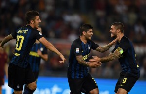 ROME, ITALY - OCTOBER 02: Ever Banega of FC Internazionale celebrates after scoring the first goal during the Serie A match between AS Roma and FC Internazionale at Stadio Olimpico on October 2, 2016 in Rome, Italy. (Photo by Claudio Villa - Inter/Inter via Getty Images )