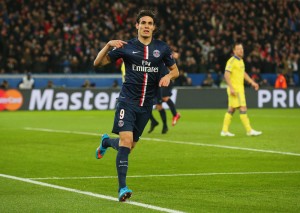 PARIS, FRANCE - FEBRUARY 17: Edinson Cavani of Paris Saint-Germain celebrates as he scores their first and equalising goal during the UEFA Champions League Round of 16 match between Paris Saint-Germain and Chelsea at Parc des Princes on February 17, 2015 in Paris, France. (Photo by Alex Livesey/Getty Images)