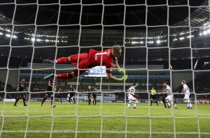 LEVERKUSEN, GERMANY - JANUARY 28: Bernd Leno goalkeeper of Leverkusen jumps during the Bundesliga match between Bayer 04 Leverkusen and Borussia Moenchengladbach at BayArena on January 28, 2017 in Leverkusen, Germany. (Photo by Maja Hitij/Bongarts/Getty Images)