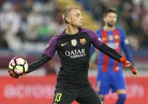 DOHA, QATAR - DECEMBER 13: Goal keeper Jasper Cillessen of Barcelona in action during the Qatar Airways Cup match between FC Barcelona and Al-Ahli Saudi FC on December 13, 2016 in Doha, Qatar. (Photo by AK BijuRaj/Getty Images)