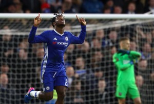 LONDON, ENGLAND - JANUARY 28: Michy Batshuayi of Chelsea celebrates after scoring his sides fourth goal during the Emirates FA Cup fourth round match between Chelsea and Brentford at Stamford Bridge on January 28, 2017 in London, England. (Photo by Clive Mason/Getty Images)