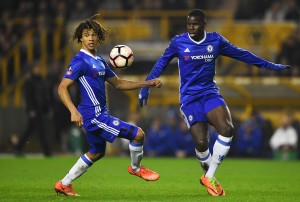 WOLVERHAMPTON, ENGLAND - FEBRUARY 18: Nathan Ake of Chelsea (L) and Kurt Zouma of Chelsea (R) look at the ball during The Emirates FA Cup Fifth Round match between Wolverhampton Wanderers and Chelsea at Molineux on February 18, 2017 in Wolverhampton, England. (Photo by Shaun Botterill/Getty Images)